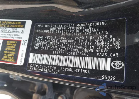 2015 Toyota Camry Le z USA, uszkodzony, nr VIN 4T4BF1FK5FR495403